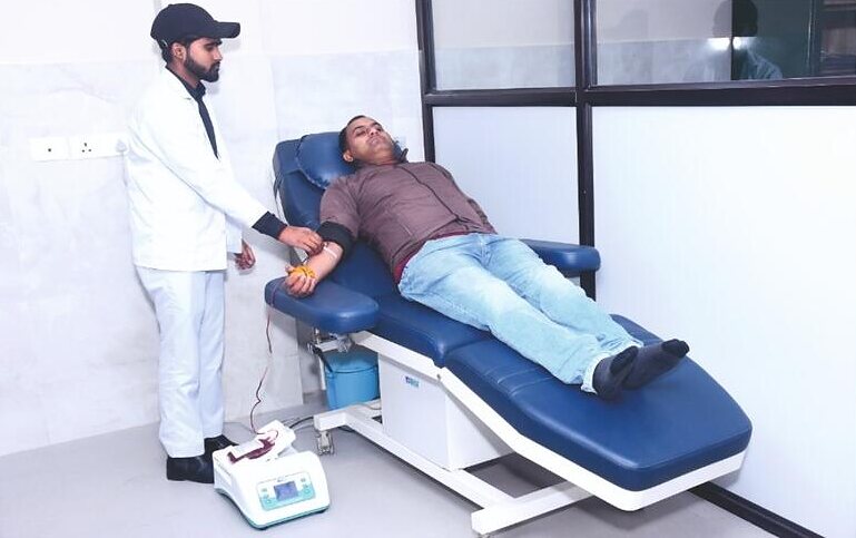 A donor giving blood at the Janta Blood Centre
